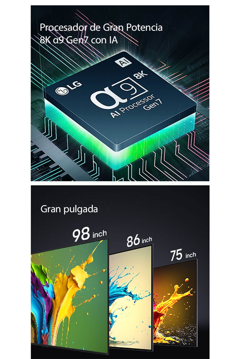 El procesador alpha 9 AI 8K Gen7 se muestra con luz verde que emana desde abajo. Los televisores LG QNED89, QNED90 y QNED99 se muestran en orden de izquierda a derecha. Cada televisor muestra una salpicadura colorida y las palabras &quot;Ultra Big TV&quot; se muestran encima de los televisores.