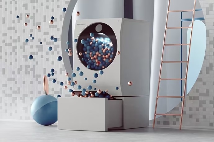 La lavasecadora de LG SIGNATURE está en el suelo con muchas bolas de colores y una escalera.