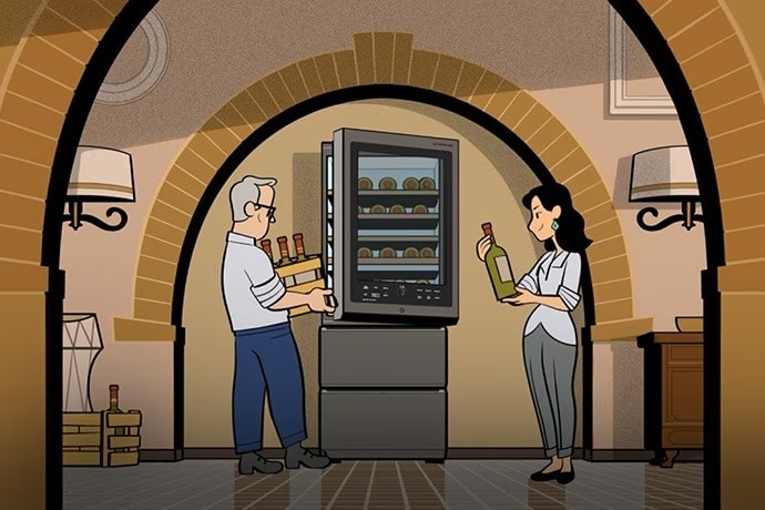 Imagen ilustrada de la función de apertura automática de puerta de la vinoteca LG SIGNATURE con James Suckling y su esposa.