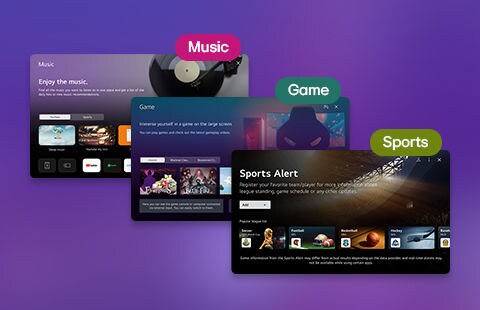 La variedad de aplicaciones de webOS 23 incluye Juegos, Música y Deportes.