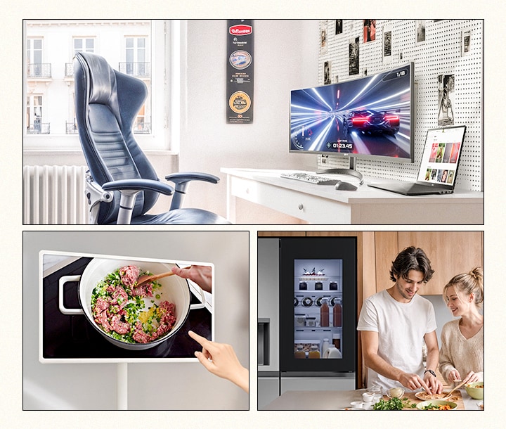 Imágenes de tres paneles con electrodomésticos LG