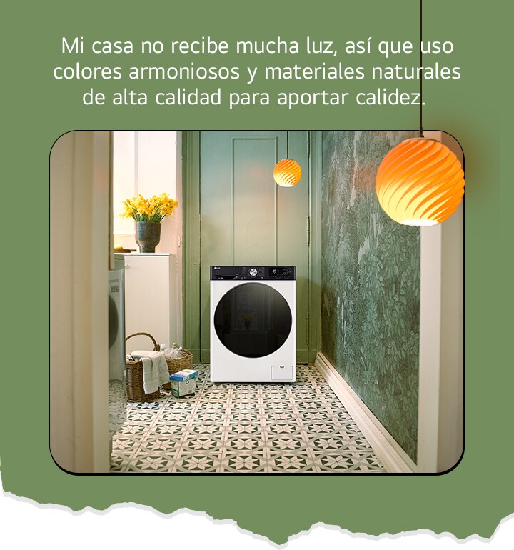 La lavadora se muestra en el frente y hay una cesta de flores amarilla y una cesta de lavandería al lado.