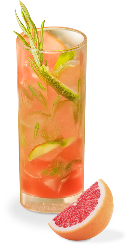 Segmento de pomelo y un mocktail hecho con pomelo derecho.