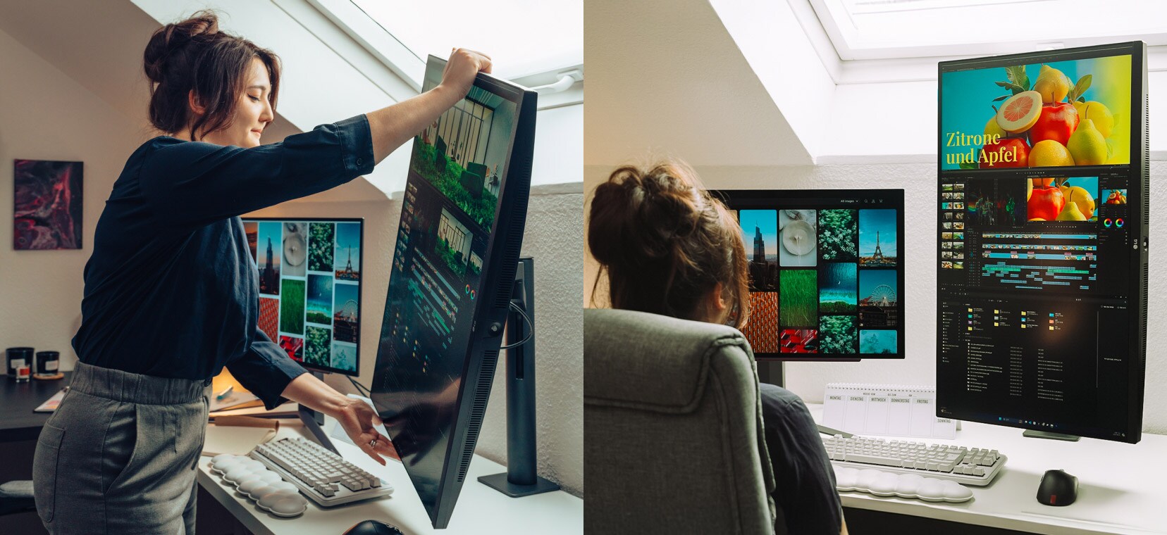 Una mujer ajusta su gran monitor verticalmente, luego se sienta frente a una configuración de dos monitores que muestran imágenes vibrantes y gráficos coloridos.