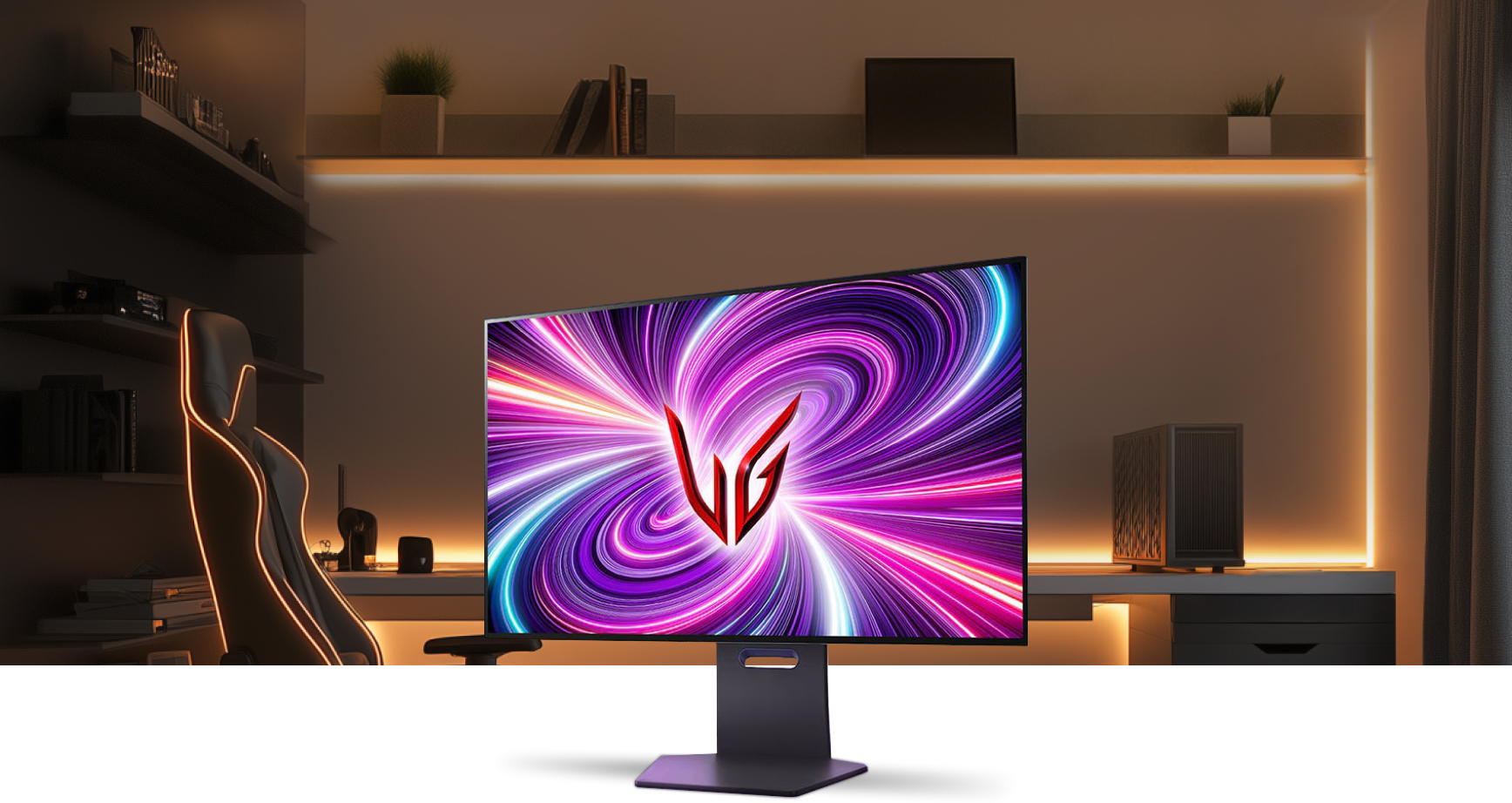 El monitor de gaming LG UltraGear está colocado frente a un fondo de sala de juegos suavemente iluminado.