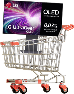 Un monitor de gaming LG UltraGear está colocado dentro de un carrito de compras.