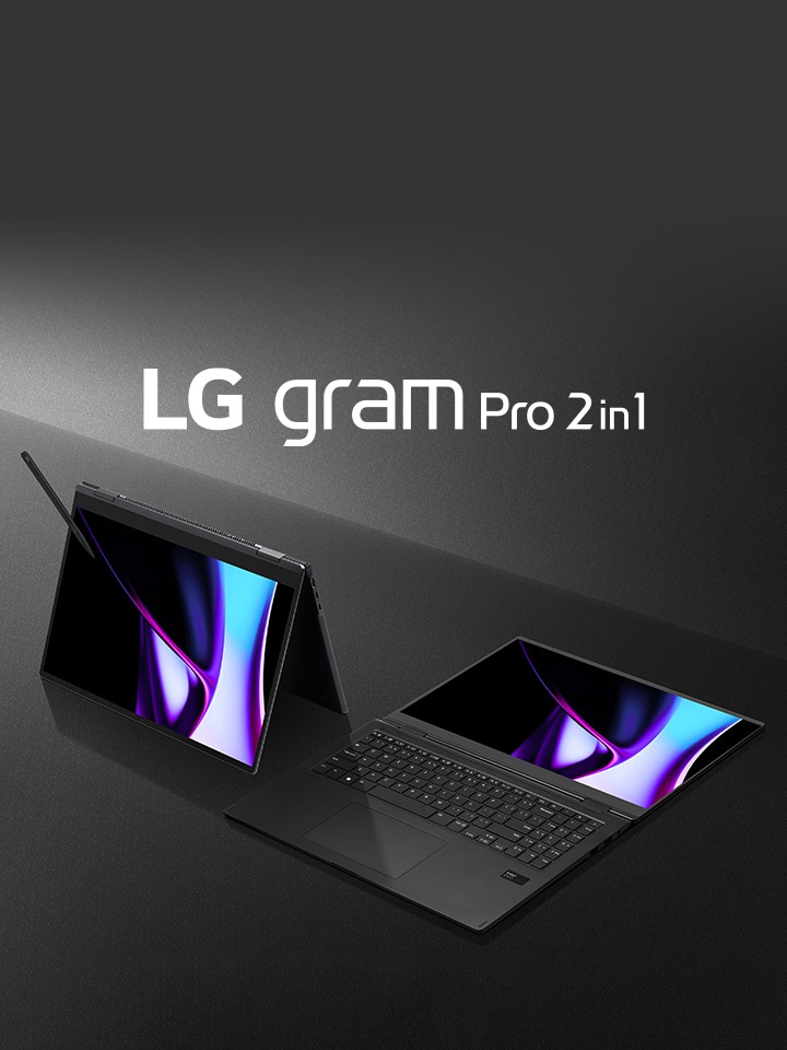Escena grupal de LG gram Pro 2 en 1 en modo tienda y modo plano.	