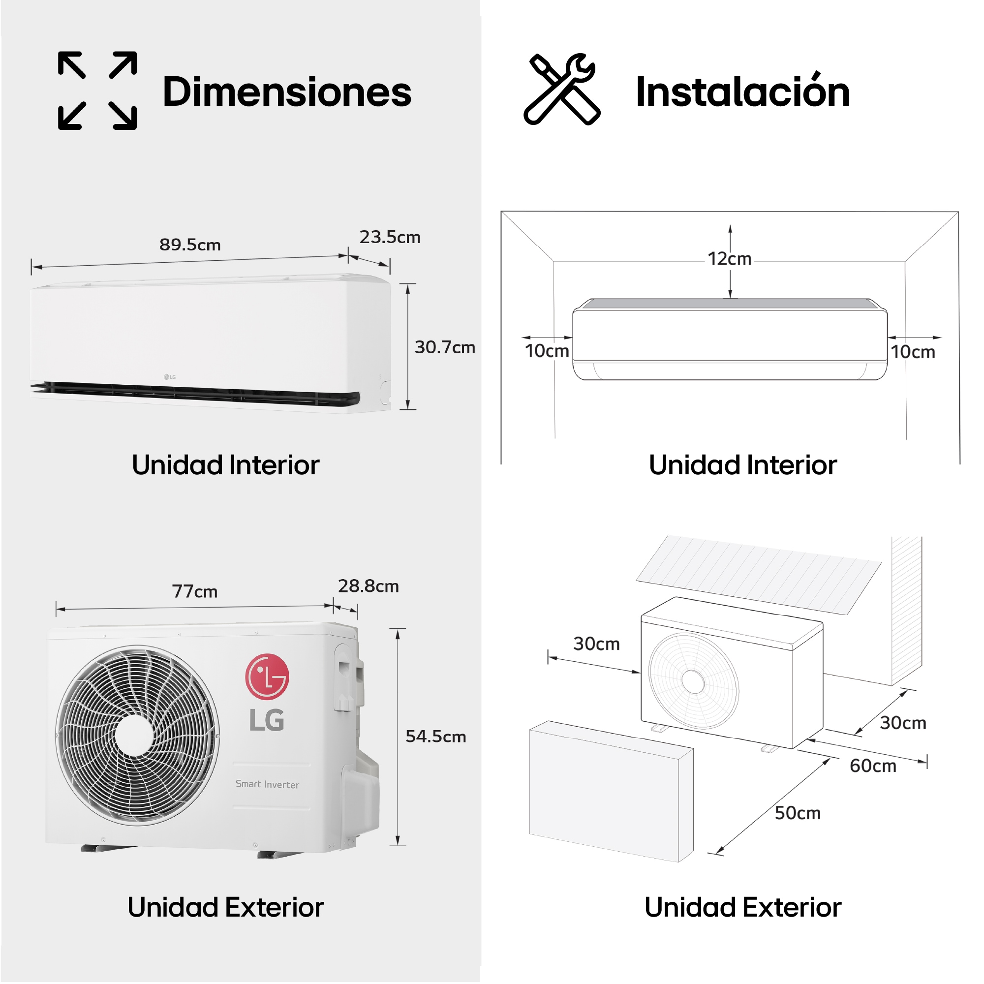 LG Dual Vane air conditioner shown in a living room. Cool air flows upward on the left, warm air downward on the right. The accompanying text reads: 'DUAL Vane spreads airflow up or down, further and faster, for ideal comfort in any season.'