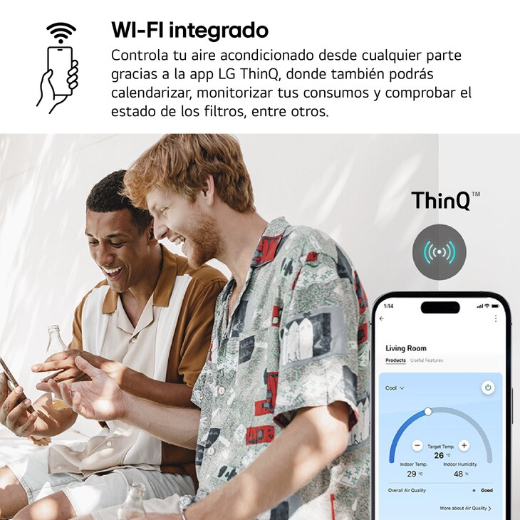Angled top-front view of LG ai air conditioner with its top panel and grille visible
