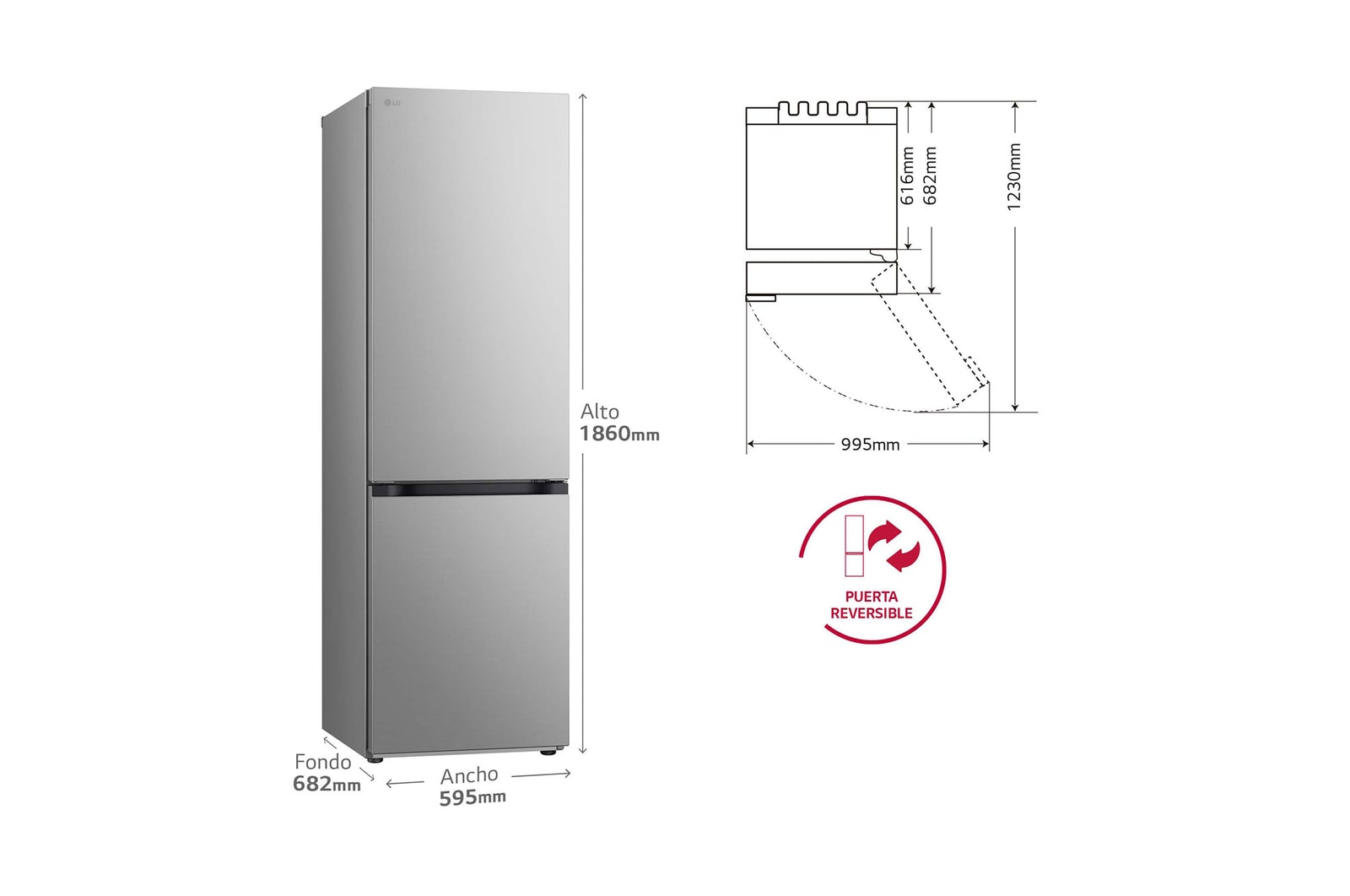 LG Frigorífico Combi Door Cooling+, 1,86m, Clasificación D, capacidad de 374l, inox antihuellas. Serie 700, GBV7180DPY