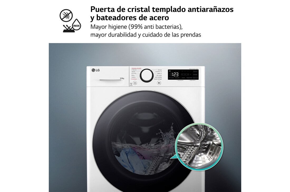 LG 9/6 kg y 1400 rpm Lavasecadora en Blanco, F4DR6009A1W