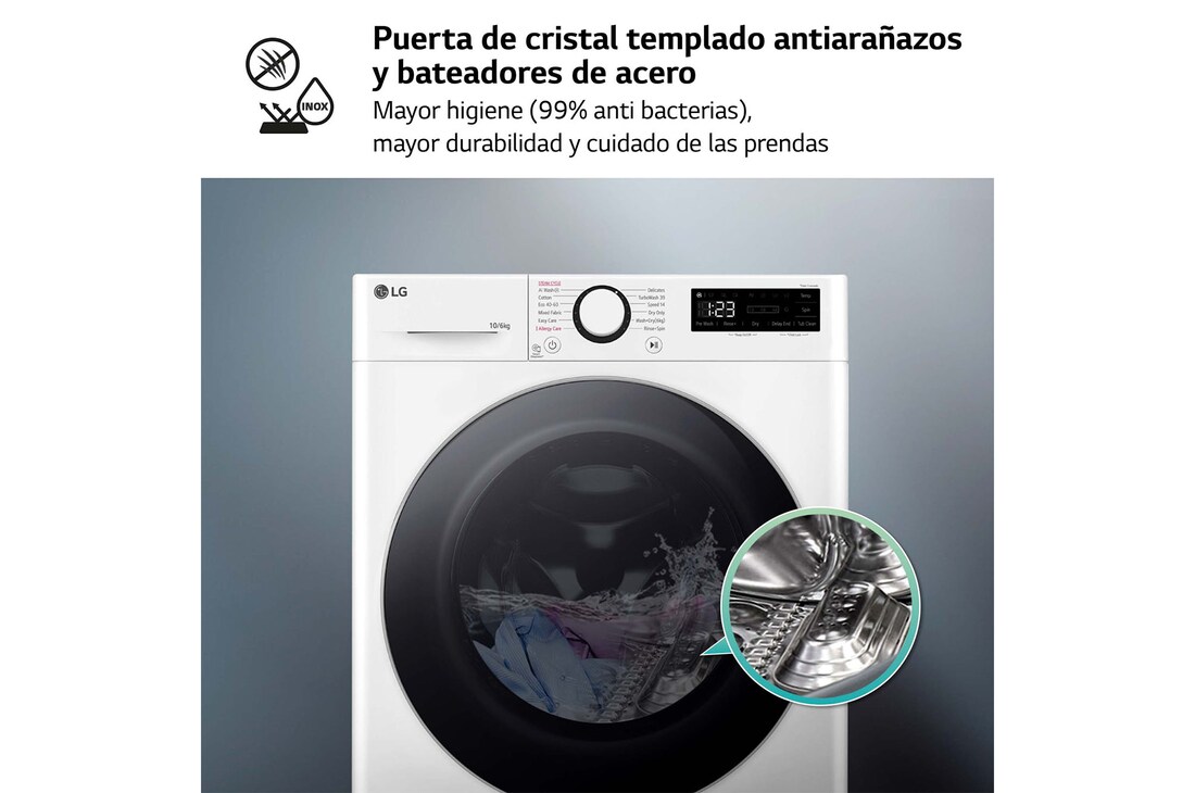 LG Lavasecadora inteligente AI Direct Drive TM, Turbowash 360º, 10/6kg, 1400rpm, Un 10% más eficiente que  A(lavado) / D(secado) Blanca, Serie 600, F4DR6010A1W