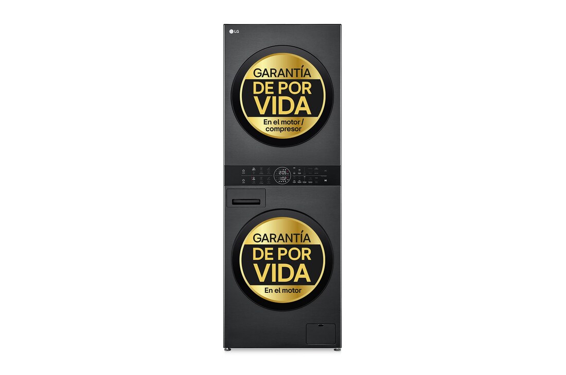 Vista frontal de Torre de lavado y secado | LG WT1210BBF, Direct Drive con inteligencia artificial, Bomba de calor Dual Inverter, 12kg lavado, 10kg secado, 1400rpm, clasificación A-10/C