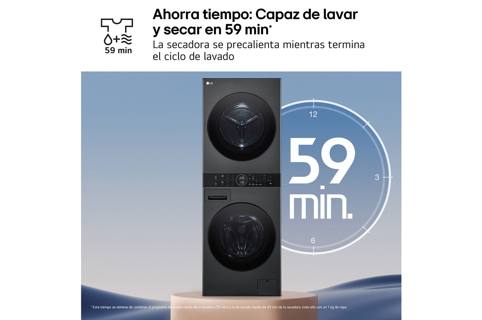 LG Torre de lavado y secado | LG WT1210BBF, Direct Drive con inteligencia artificial, Bomba de calor Dual Inverter, 12kg lavado, 10kg secado, 1400rpm, clasificación A-10/C, WT1210BBF