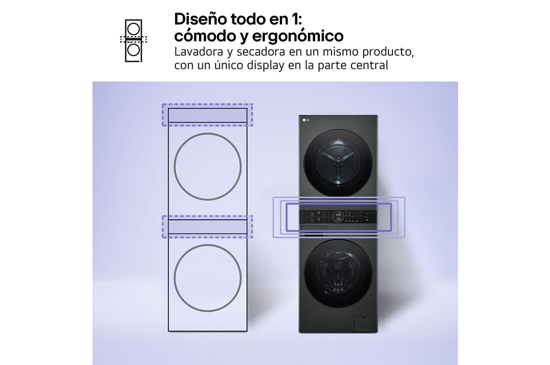 LG Torre de lavado y secado | LG WT1210BBF, Direct Drive con inteligencia artificial, Bomba de calor Dual Inverter, 12kg lavado, 10kg secado, 1400rpm, clasificación A-10/C, WT1210BBF
