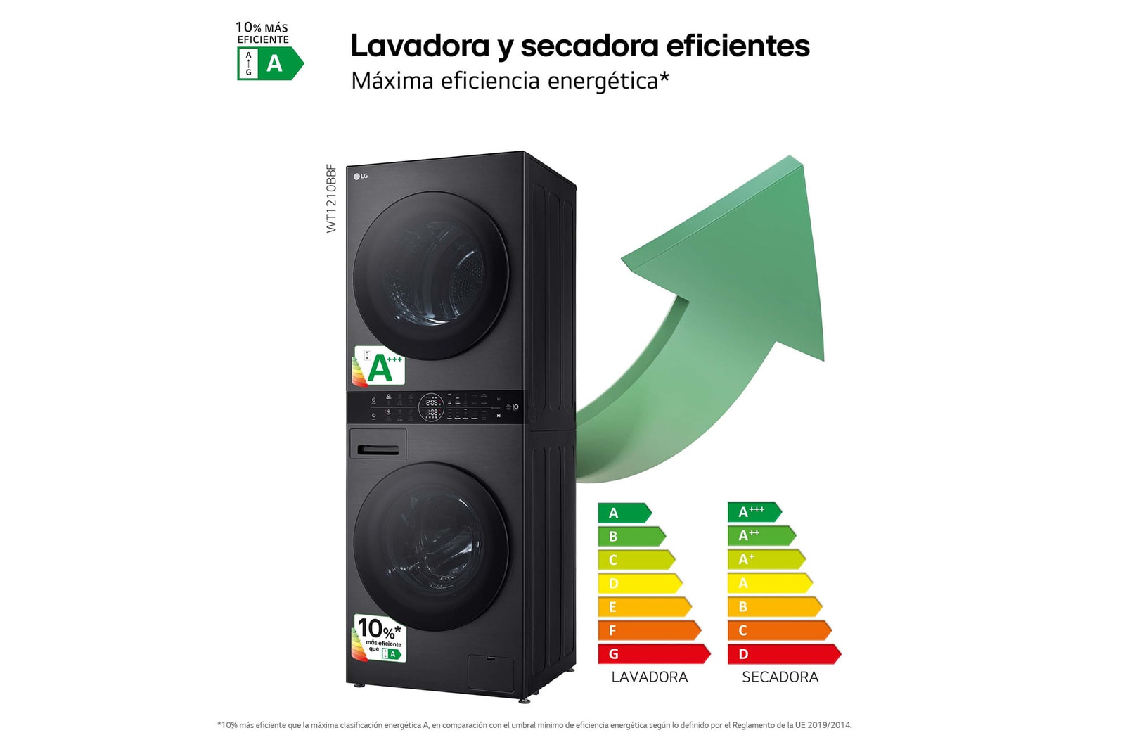 LG Washtower: torre de lavado y secado "Todo en 1". 12kg (lavado)/10kg (secado), 10% más eficiente que A (lavado)/A+++ (secado)., WT1210BBF