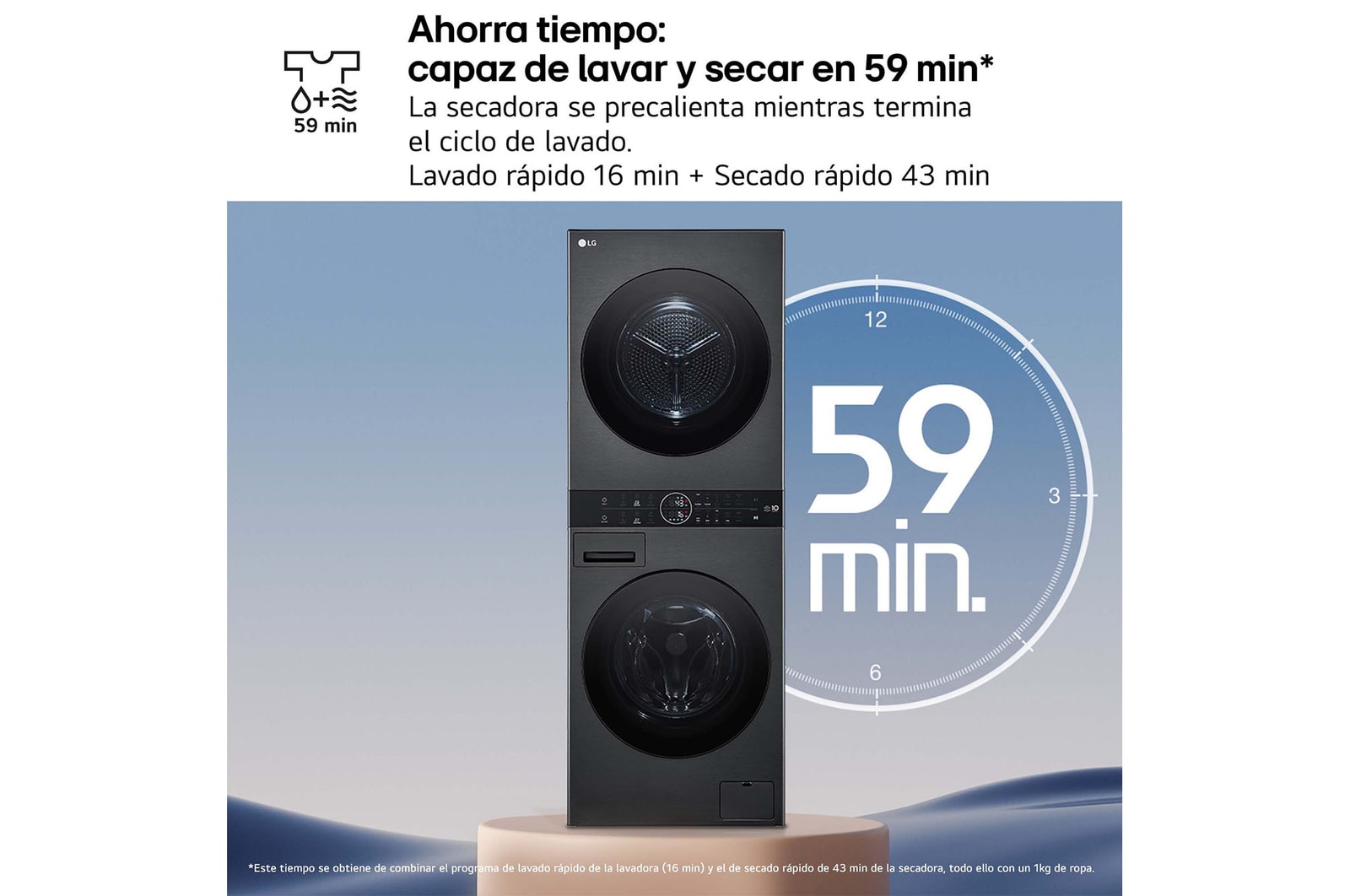 LG Washtower: torre de lavado y secado "Todo en 1". 12kg (lavado)/10kg (secado), 10% más eficiente que A (lavado)/A+++ (secado)., WT1210BBF