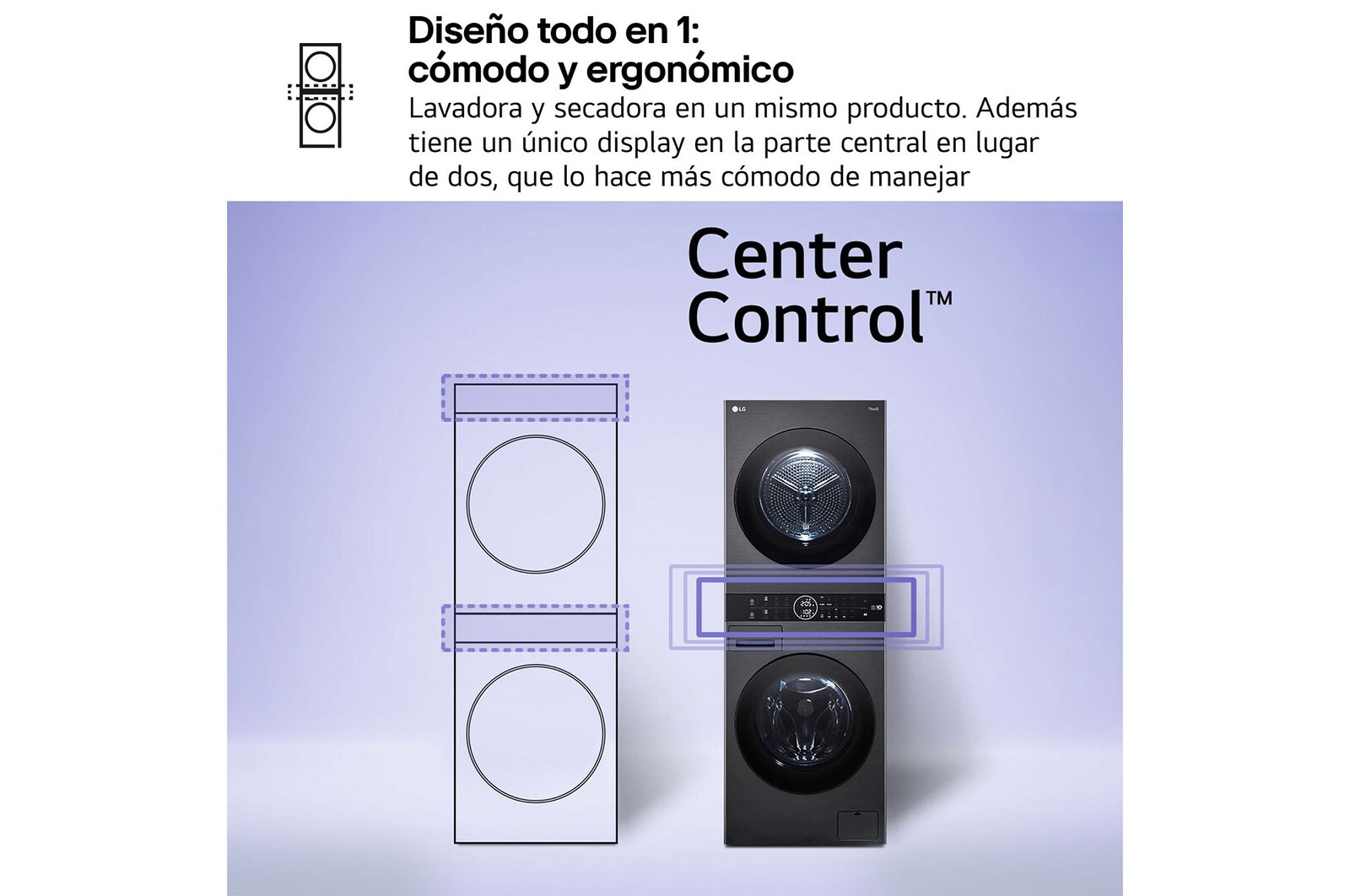LG Washtower: torre de lavado y secado "Todo en 1". 12kg (lavado)/10kg (secado), 10% más eficiente que A (lavado)/A+++ (secado)., WT1210BBF
