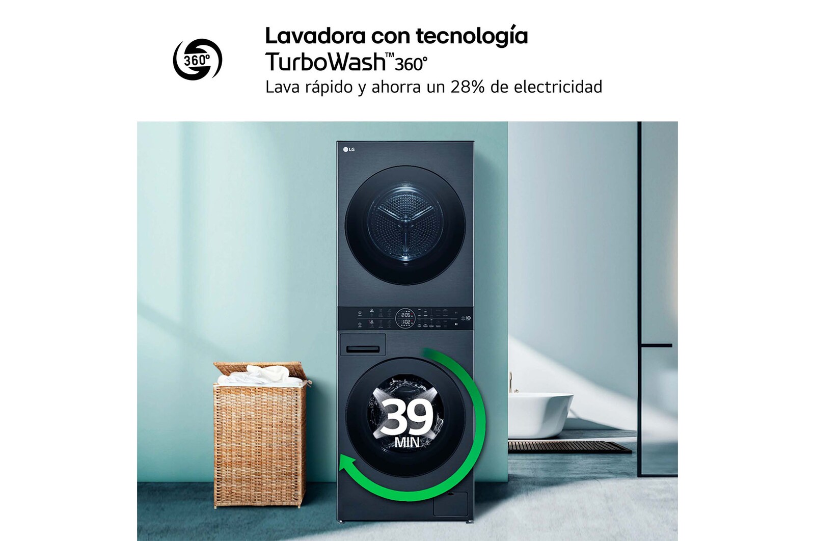 LG Washtower: torre de lavado y secado "Todo en 1". 12kg (lavado)/10kg (secado), 10% más eficiente que A (lavado)/A+++ (secado)., WT1210BBF