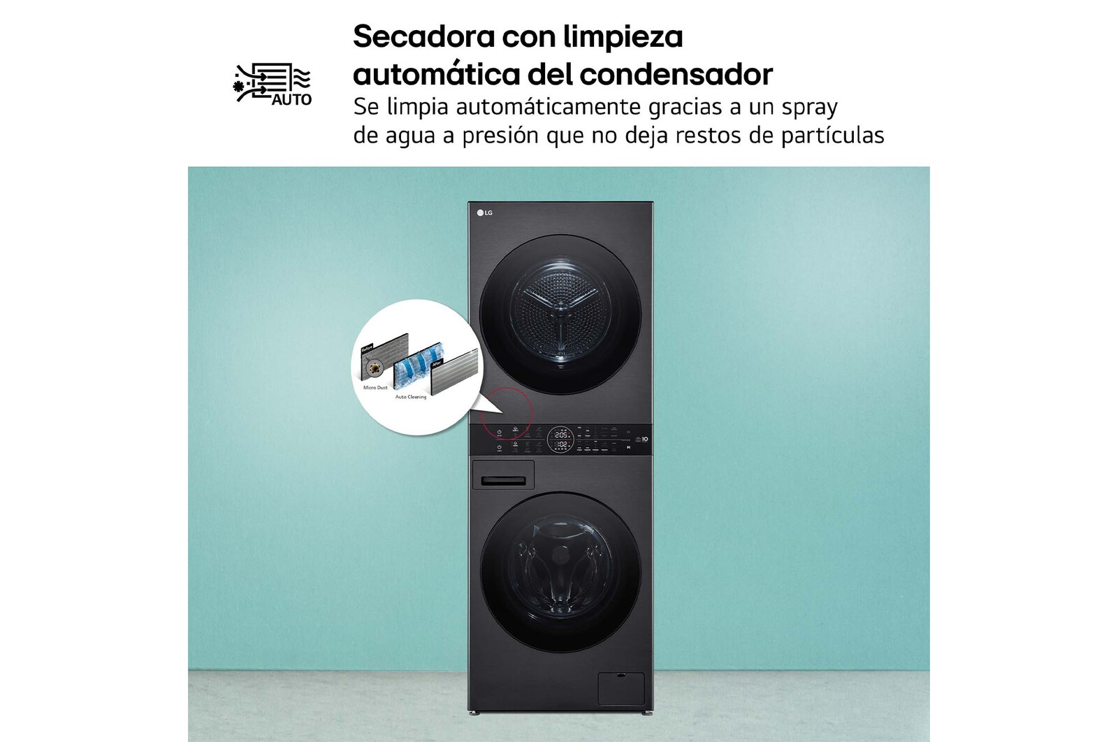 LG Washtower: torre de lavado y secado "Todo en 1". 12kg (lavado)/10kg (secado), 10% más eficiente que A (lavado)/A+++ (secado)., WT1210BBF