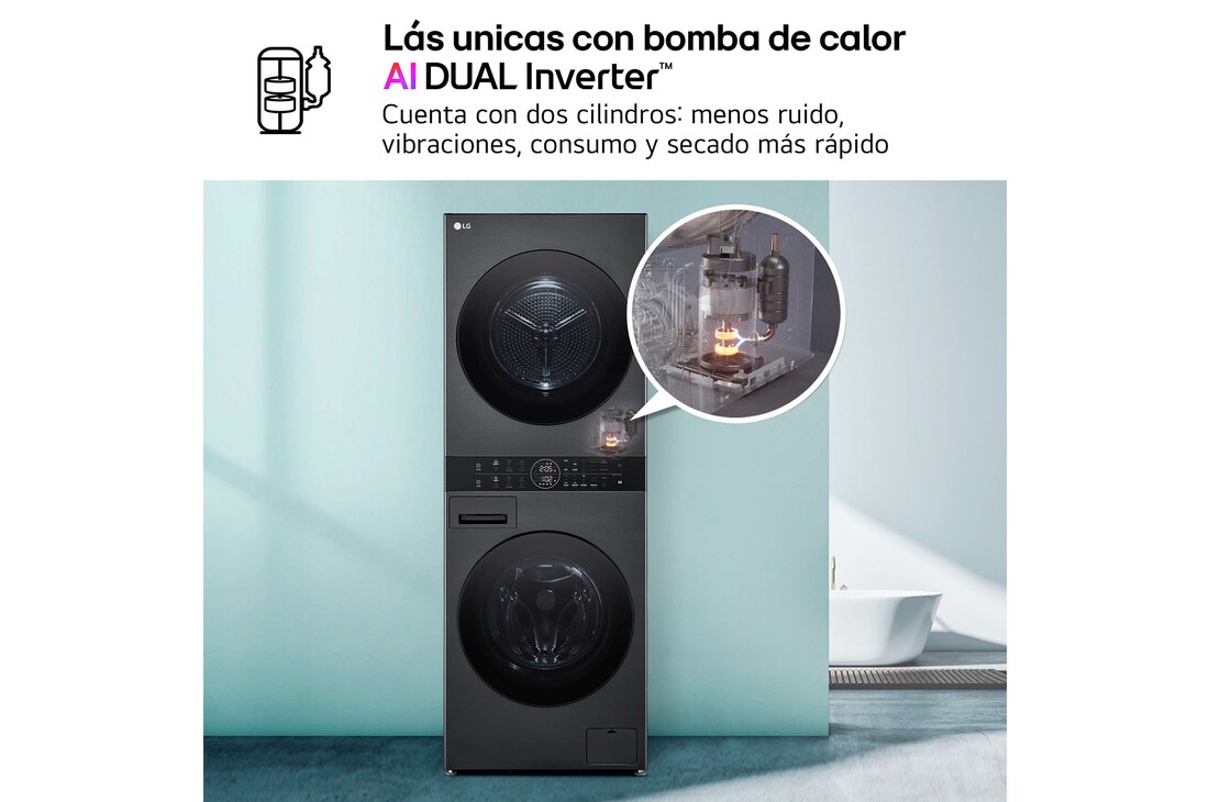 LG Torre de lavado y secado | LG WT1210BBF, Direct Drive con inteligencia artificial, Bomba de calor Dual Inverter, 12kg lavado, 10kg secado, 1400rpm, clasificación A-10/C, WT1210BBF