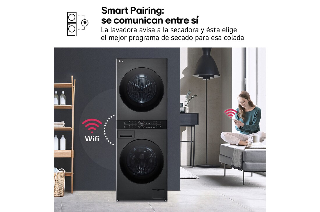 LG Torre de lavado y secado | LG WT1210BBF, Direct Drive con inteligencia artificial, Bomba de calor Dual Inverter, 12kg lavado, 10kg secado, 1400rpm, clasificación A-10/C, WT1210BBF