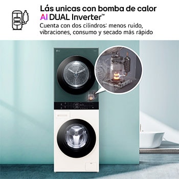 LG Torre de lavado y secado - Washtower | LG WT1210EGF, Direct Drive con inteligencia artificial, Bomba de calor Dual Inverter, 12kg lavado, 10kg secado, 1400rpm, clasificación A-10/C, Beige y Verde, WT1210EGF