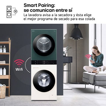 LG Torre de lavado y secado - Washtower | LG WT1210EGF, Direct Drive con inteligencia artificial, Bomba de calor Dual Inverter, 12kg lavado, 10kg secado, 1400rpm, clasificación A-10/C, Beige y Verde, WT1210EGF