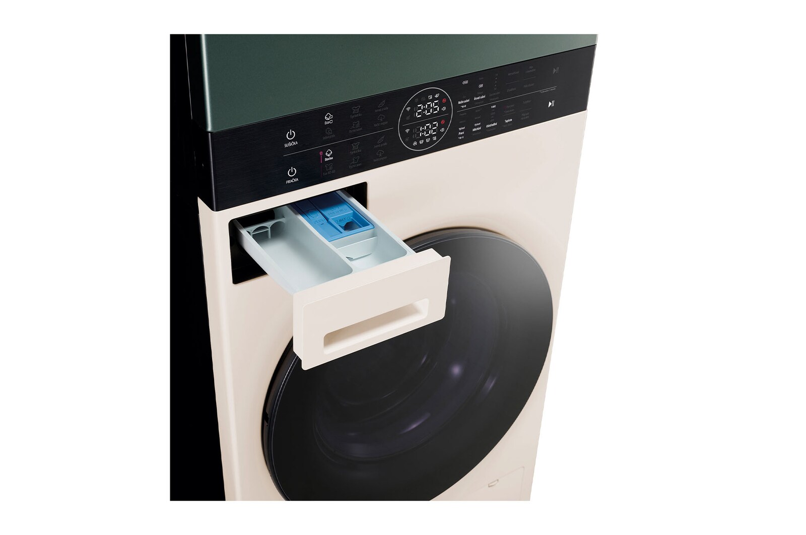 LG Torre de lavado y secado - Washtower | LG WT1210EGF, Direct Drive con inteligencia artificial, Bomba de calor Dual Inverter, 12kg lavado, 10kg secado, 1400rpm, clasificación A-10/C, Beige y Verde, WT1210EGF