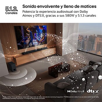 LG Barra de Sonido - LG S80TR, Bluetooth, 580W, 5.1.3 Canales con subwoofer, altavoces traseros para cine en casa, Dolby Atmos, DTS-X, IA Ready, Negro, S80TR