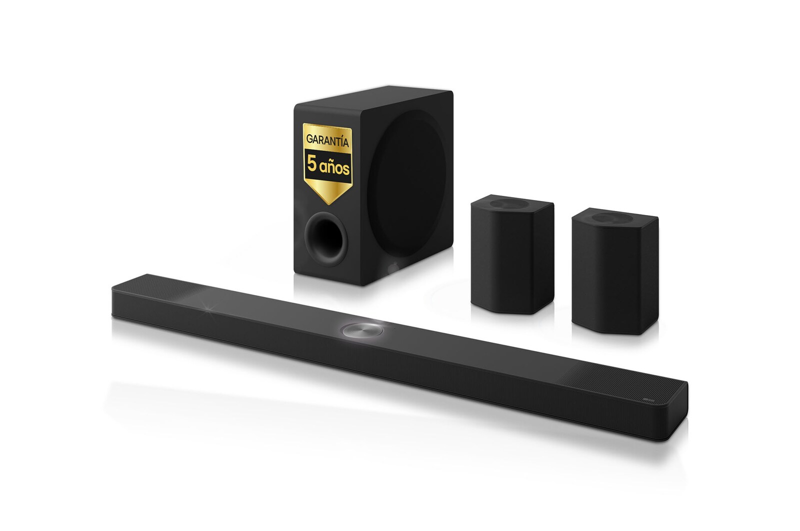 Преден изглед на Soundbar, събуфъра и задните високоговорители
