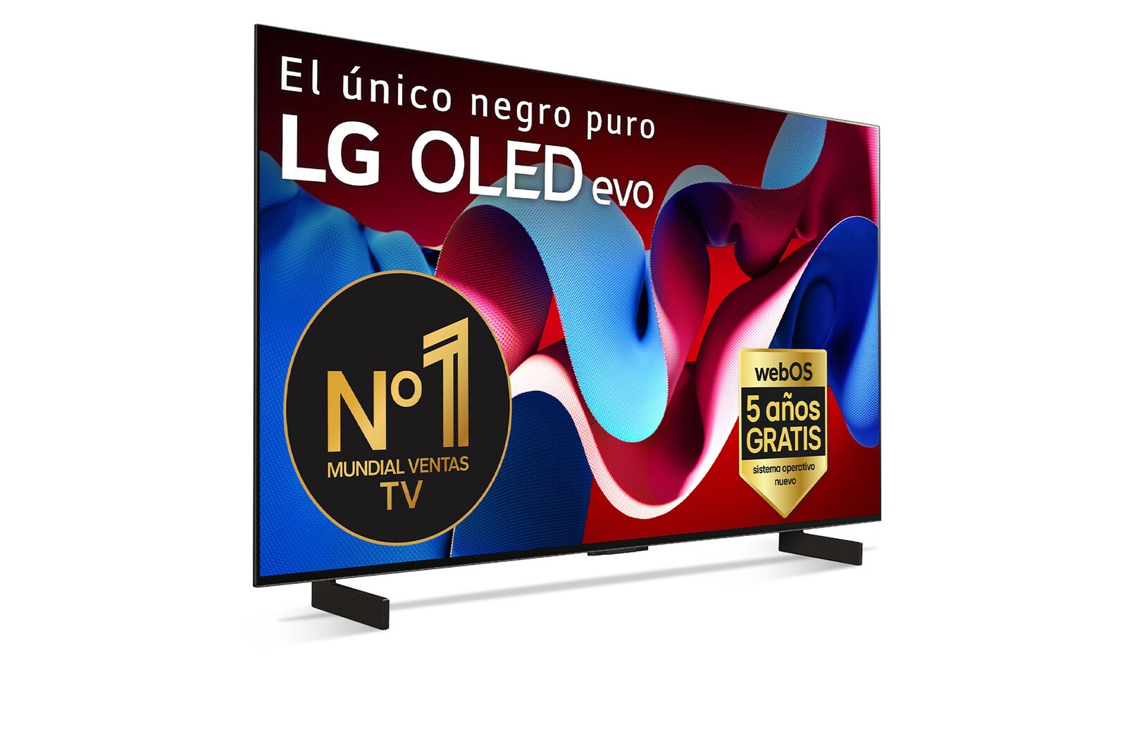Vista frontal con la televisión LG OLED evo AI, la OLED C4, el emblema de la OLED número 1 del mundo durante 11 años y el logotipo del programa webOS Re:New en la pantalla