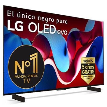 Vista frontal con la televisión LG OLED evo AI, la OLED C4, el emblema de la OLED número 1 del mundo durante 11 años y el logotipo del programa webOS Re:New en la pantalla
