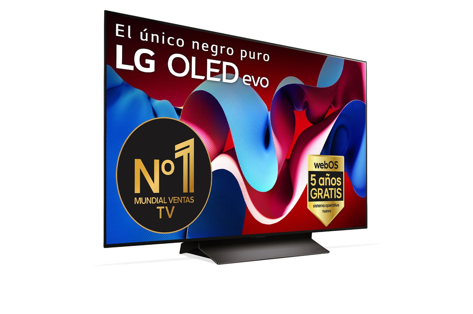 Vista frontal con la televisión LG OLED evo AI, la OLED C4, el emblema de la OLED número 1 del mundo durante 11 años y el logotipo del programa webOS Re:New en la pantalla