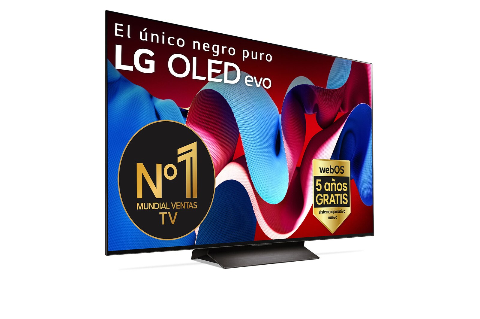 Vista frontal con la televisión LG OLED evo AI, la OLED C4, el logotipo de la OLED número 1 del mundo durante 11 años y el logotipo del programa webOS Re:New en la pantalla