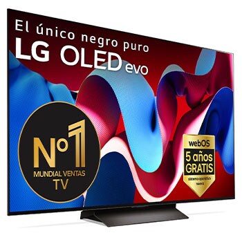 Vista frontal con la televisión LG OLED evo AI, la OLED C4, el logotipo de la OLED número 1 del mundo durante 11 años y el logotipo del programa webOS Re:New en la pantalla