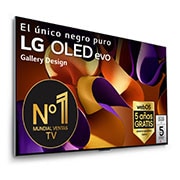 Vista frontal de un LG OLED evo AI TV, OLED G4, con el emblema “11 Years of world number 1 OLED”, el logotipo del programa webOS Re:New Program y el logotipo de la Garantía de 5 años en pantalla