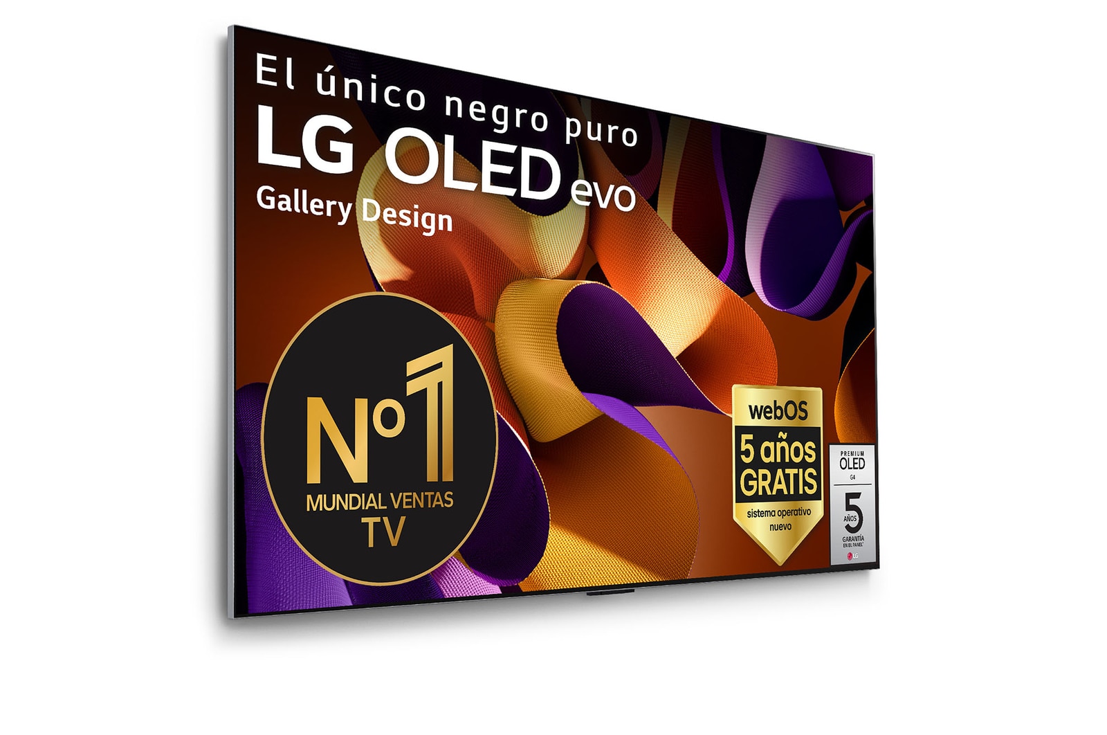 Vista frontal de un LG OLED evo AI TV, OLED G4, con el emblema “11 Years of world number 1 OLED”, el logotipo del programa webOS Re:New Program y el logotipo de la Garantía de 5 años en pantalla con la barra de sonido debajo
