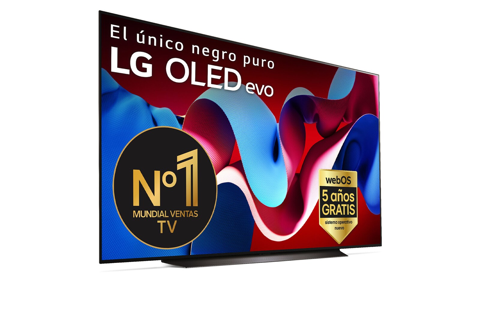 Vista frontal con la televisión LG OLED evo AI, la OLED C4, el emblema de la OLED número 1 del mundo durante 11 años y el logotipo del programa webOS Re:New en la pantalla
