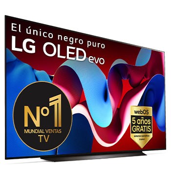 Vista frontal con la televisión LG OLED evo AI, la OLED C4, el emblema de la OLED número 1 del mundo durante 11 años y el logotipo del programa webOS Re:New en la pantalla