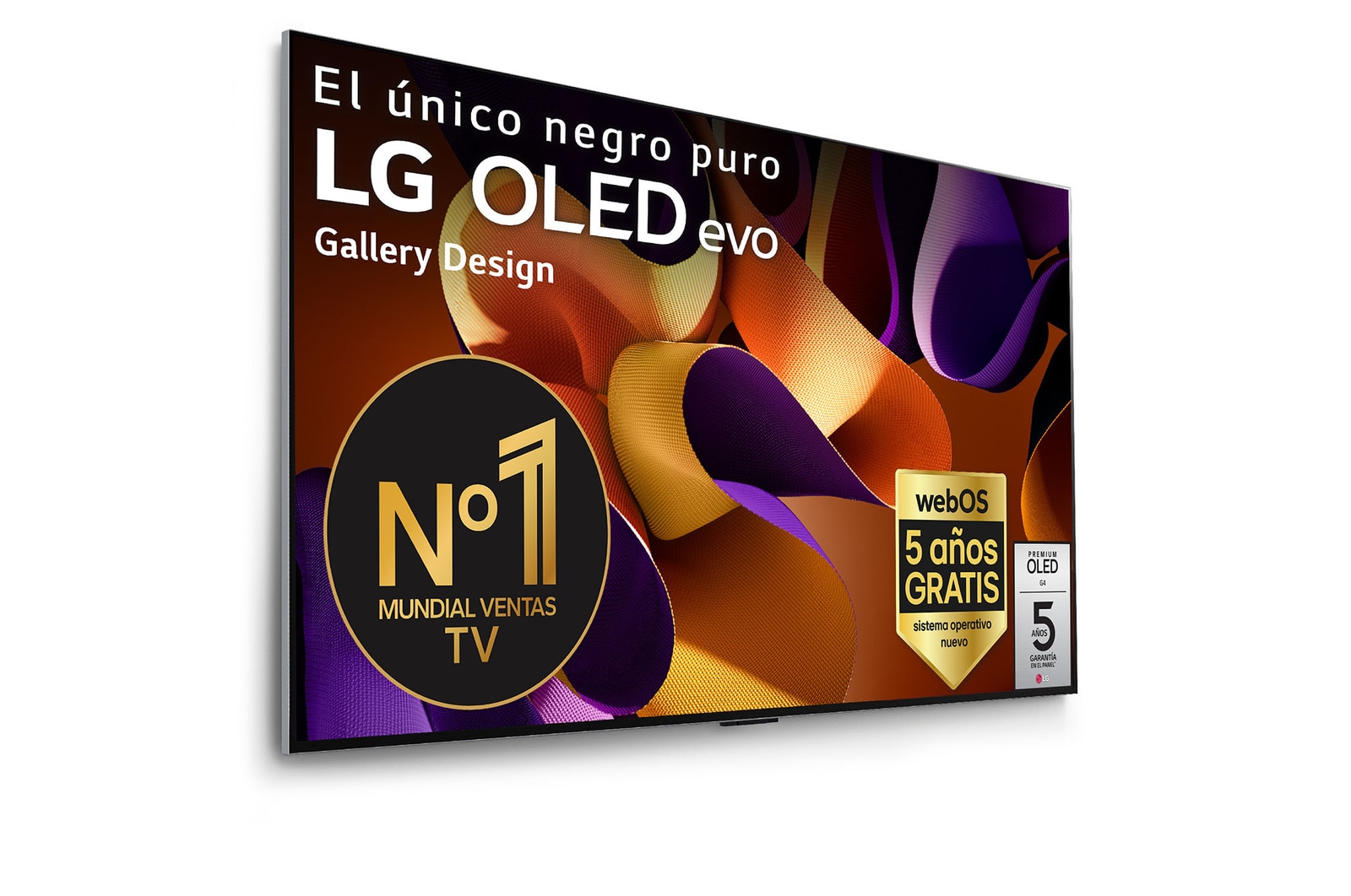 Vista frontal de un LG OLED evo AI TV, OLED G4, con el emblema “11 Years of world number 1 OLED”, el logotipo del programa webOS Re:New Program y el logotipo de la Garantía de 5 años en pantalla