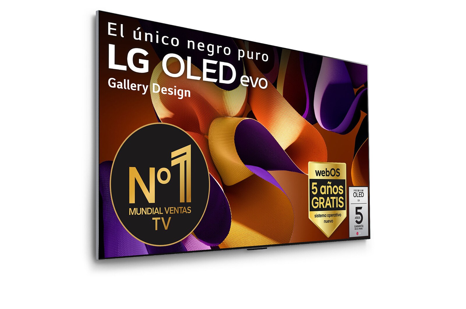 Vista frontal de un LG OLED evo AI TV, OLED G4, con el emblema “11 Years of world number 1 OLED”, el logotipo del programa webOS Re:New Program y el logotipo de la Garantía de 5 años en pantalla