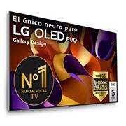 Vista frontal de un LG OLED evo AI TV, OLED G4, con el emblema “11 Years of world number 1 OLED”, el logotipo del programa webOS Re:New Program y el logotipo de la Garantía de 5 años en pantalla