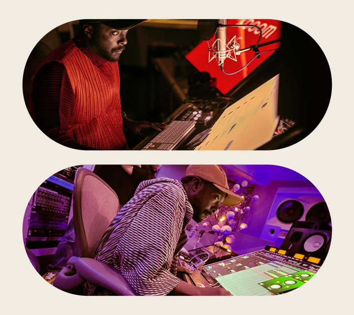 "En la imagen superior, will.i.am trabaja en un estudio de grabación con un chaleco rojo mirando fijamente a una pantalla situada delante de él. En la imagen inferior, will.i.am también trabaja en un estudio mirando fijamente a una pantalla con ventanas verdes.	"	