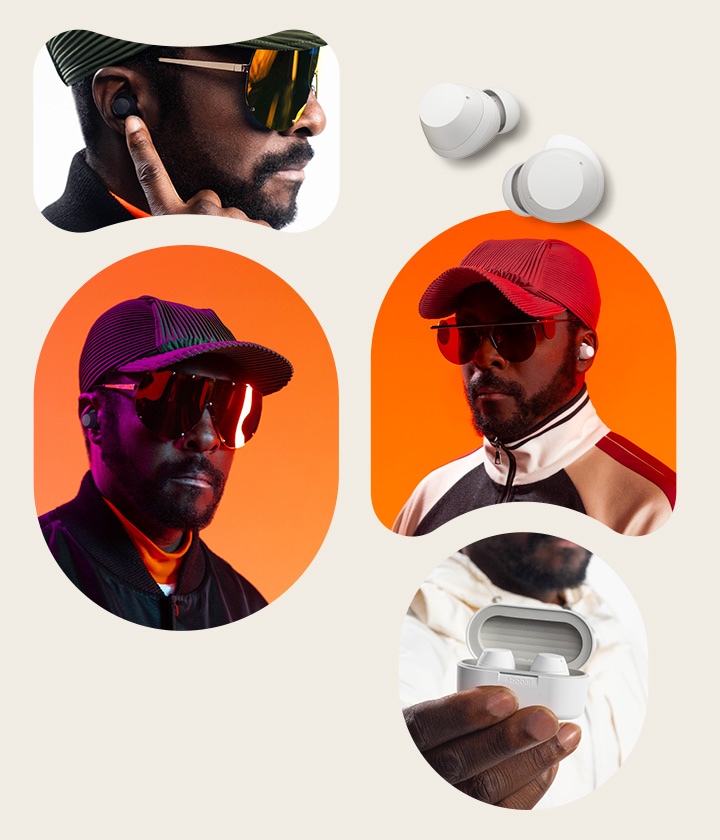 Arriba, a la izquierda, la cara posterior de Will.i.am mira hacia su lado izquierdo, lleva gafas de sol y se coloca los auriculares en la oreja con el dedo índice. En la parte superior derecha aparecen las imágenes de dos auriculares blancos. En el centro izquierda se sitúa la imagen de retrato de will.i.am mirando al frente, con auriculares, gorra y gafas de sol. En el centro-derecha aparece otra imagen de will.i.am también con auriculares, gorra y gafas de sol. Abajo, el soporte xboom Buds con los auriculares en su interior permanece en la mano de will.i.am.	