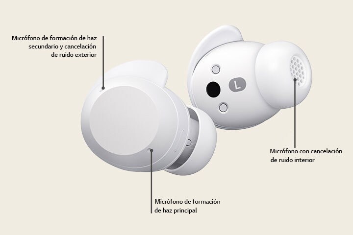 Un par de xboom Buds blancos para ilustrar los 3 micrófonos que tiene.	