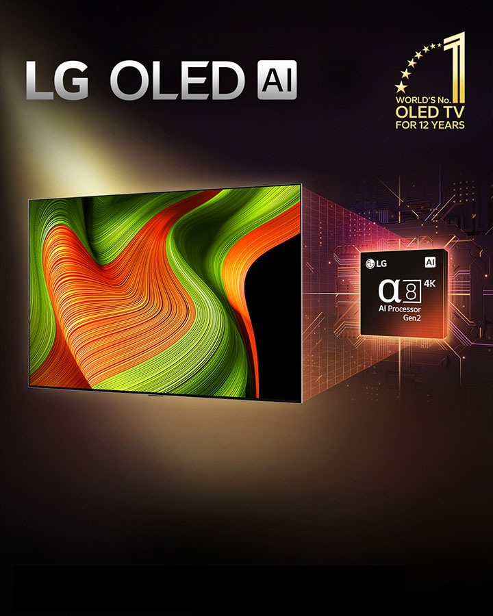 En la pantalla de un televisor LG OLED AI TV hay una imagen abstracta con un nivel de detalle, color y contraste impresionantes. Detrás del televisor hay una versión ampliada del procesador alfa 8 AI Gen2. Brilla con luz que ilumina los circuitos del microchip a su alrededor. El título reza LG OLED AI. También se ve el texto «powered by LG alpha 8 AI processor Gen2». En la esquina hay un logotipo dorado con estrellas que dice: «El televisor OLED número uno del mundo durante 12 años».