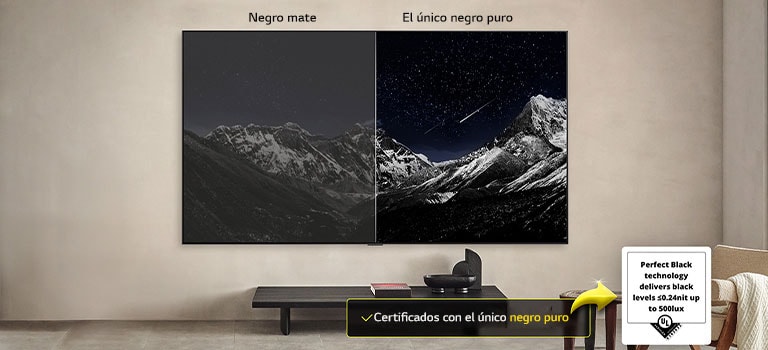Sala de estar con un televisor LG OLED montado en la pared. En el televisor se ve una cadena montañosa sobre un oscuro cielo nocturno lleno de estrellas. Esta escena está dividida por la mitad. Un lado muestra una versión más apagada y grisácea del paisaje etiquetada como pantalla mate. En el otro lado hay una imagen más agradable con un mayor rango dinámico de blancos y negros. Se denomina pantalla Perfect Black. La certificación del logotipo también es visible, Perfect Black Technology ofrece niveles de negro inferiores o iguales a 0,24 nit hasta 500 lux. Una burbuja de texto está a su lado dice, compruebe la marca de certificación Perfect Black.	
