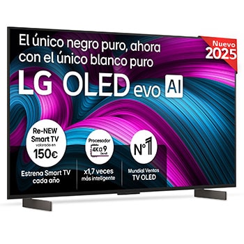Vista frontal del televisor LG OLED evo AI C5 4K Smart TV. En la pantalla aparecen el distintivo “12 Years of world number 1 OLED” y el logotipo LG OLED evo AI 2025.