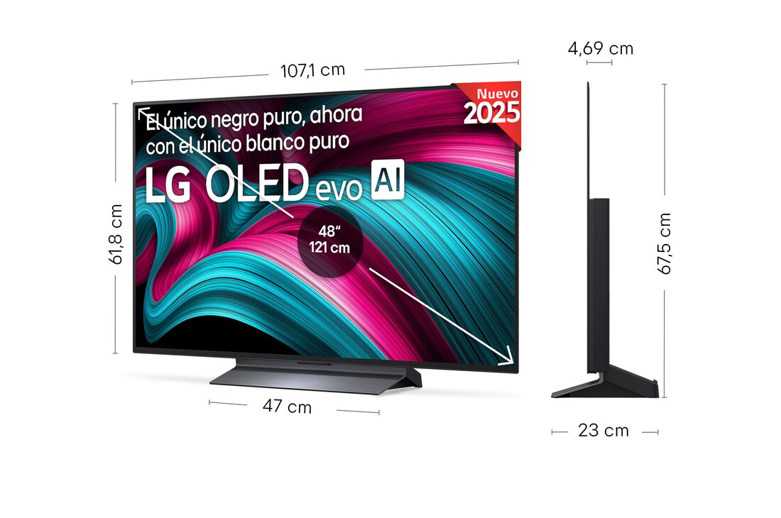 Vista en ligero ángulo del televisor LG OLED evo AI C5E 4K Smart TV.